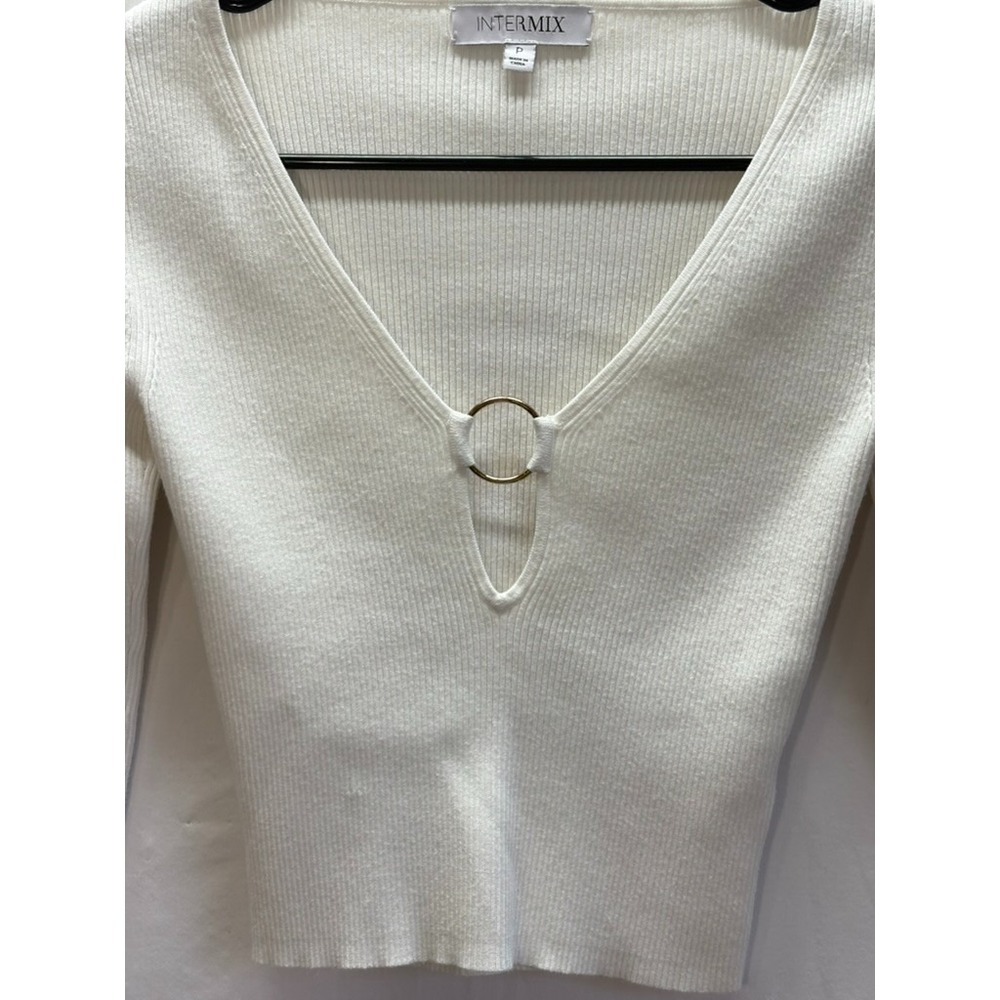 Intermix Cream Ribbed Ring‎ Detail Crop Top Sweater Womens Size S Y2K Style - Picture 3 of 9